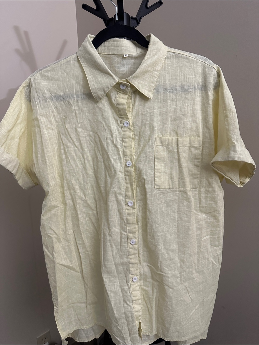 Women's Light Yellow Linen-Blend Short Sleeve Button-Down Shirt
